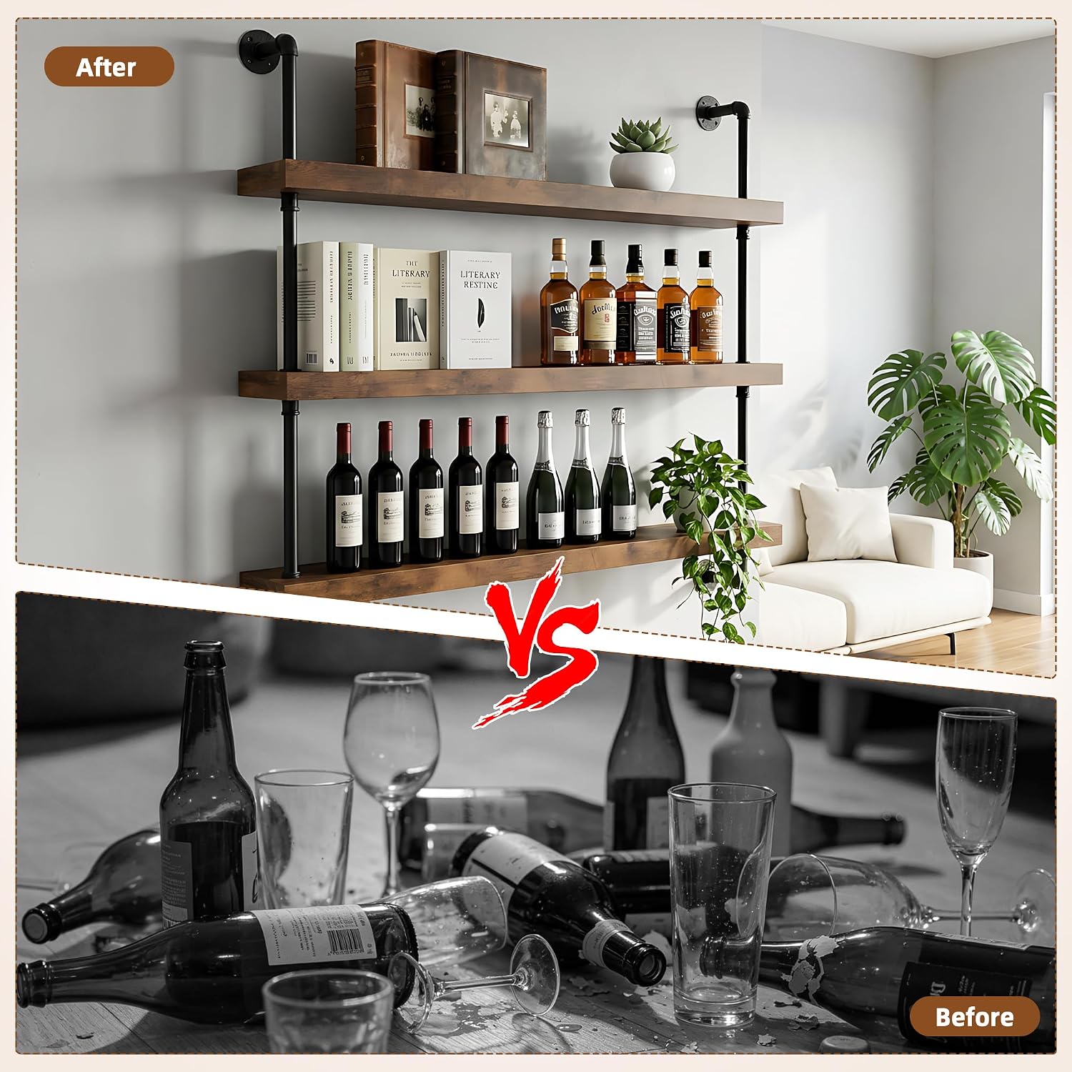 39.4" Metal Wine Rack Wall Mounted with LED Strips and Glass Holder | 3-Tier Industrial Metal Bar Shelf Wall Mounted Wine Rack for Kitchen, Bar, Dining Room (Black, 100cm/39.4in)