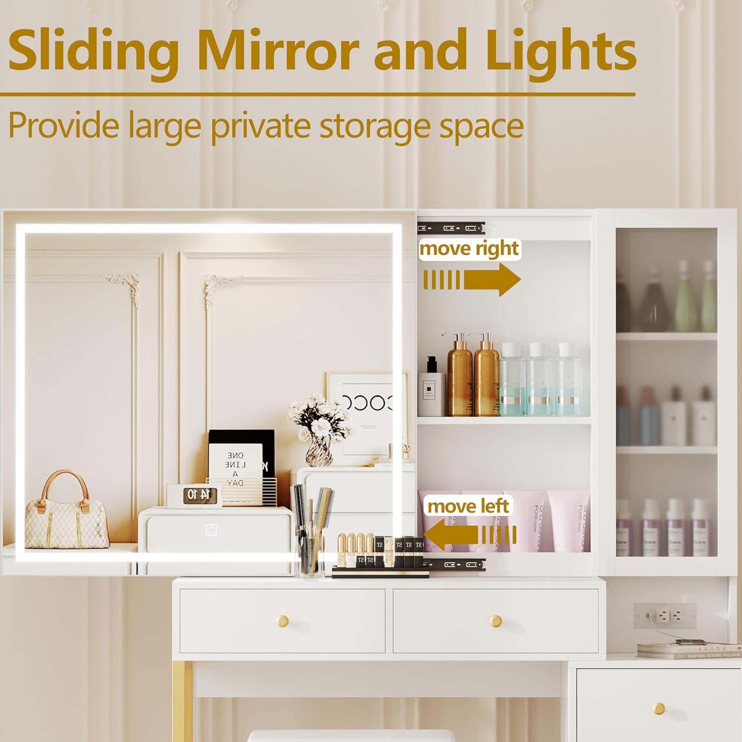Extra Large Modern Makeup Vanity Table Set with Sliding Lighted Mirror, Charging Station, Cushioned Stool, 5 Hidden Storage Drawers & Matching Nightstand for Women(White - Sliding Mirror)