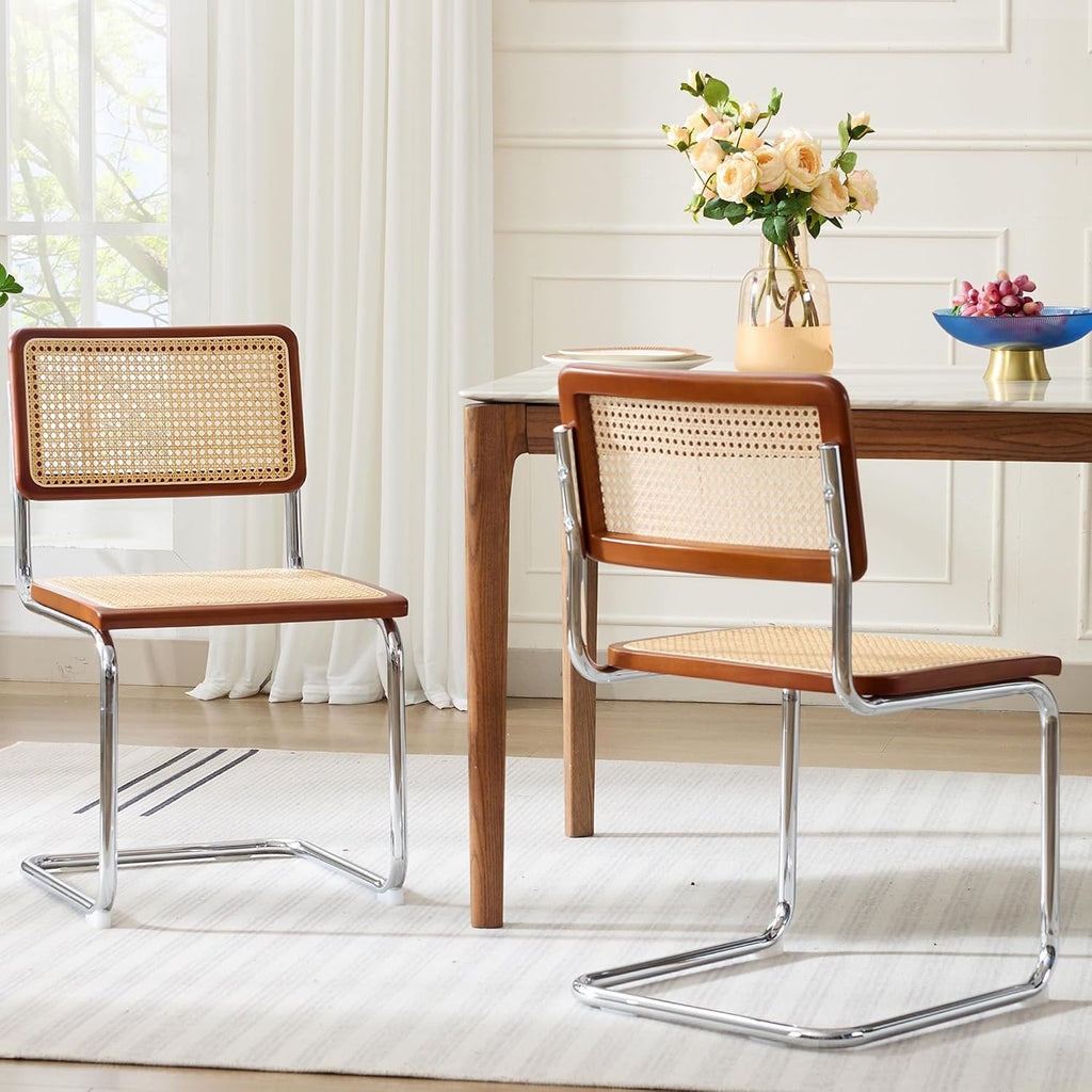 Flouki Rattan Dining Chairs Set of 2, Boho Accent Chairs for Kitchen Room with Natural Cane Mesh, Mid Century Cantilever Design, Solid Rubber Wood, Brown