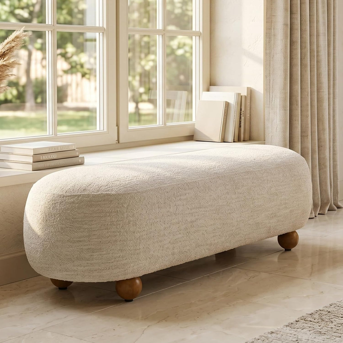 Hyfirm 54" End of Bed Bench, Upholstered Bedroom Ottoman Bench with Solid Wood Round Legs, Modern Oval Bench for Queen & King Beds, Entryway, Living Room, Hallway, Beige Linen Seat