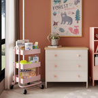 Metal Rolling Cart,3-Tier Pink Rolling Cart with Wheels,Metal Utility Cart with Wheels for Office,Home,Kitchen,Garden（13.4"x18.1"x31"） Pink