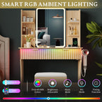 Vanity Desk with LED Lights Mirror & Power Outlet, Small Makeup Vanity Table Set with Storage Drawers & Chair, 3 Lighting Modes & Adjustable Brightness, Dressing Table for Women Girls Bedroom, Oak