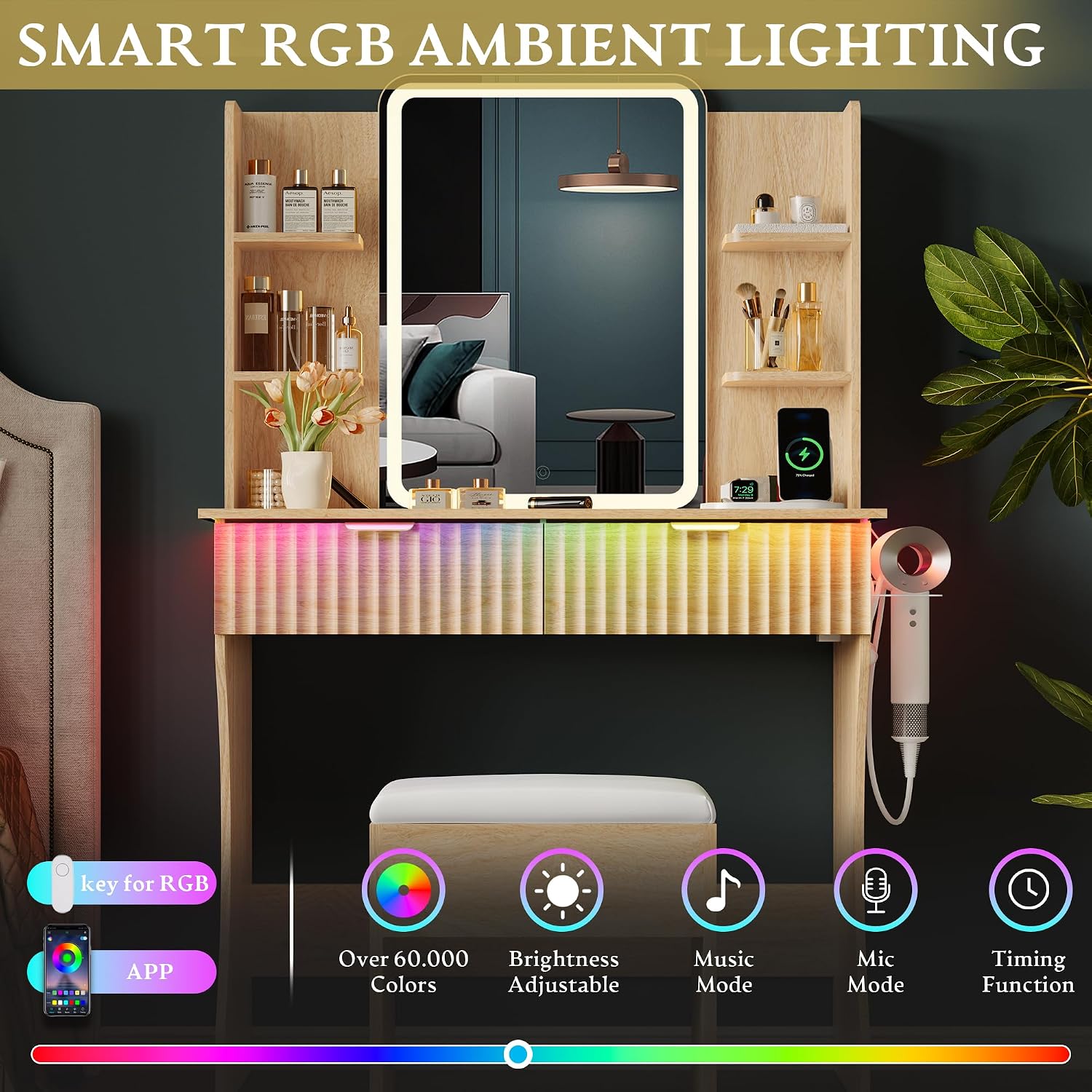 Vanity Desk with LED Lights Mirror & Power Outlet, Small Makeup Vanity Table Set with Storage Drawers & Chair, 3 Lighting Modes & Adjustable Brightness, Dressing Table for Women Girls Bedroom, Oak