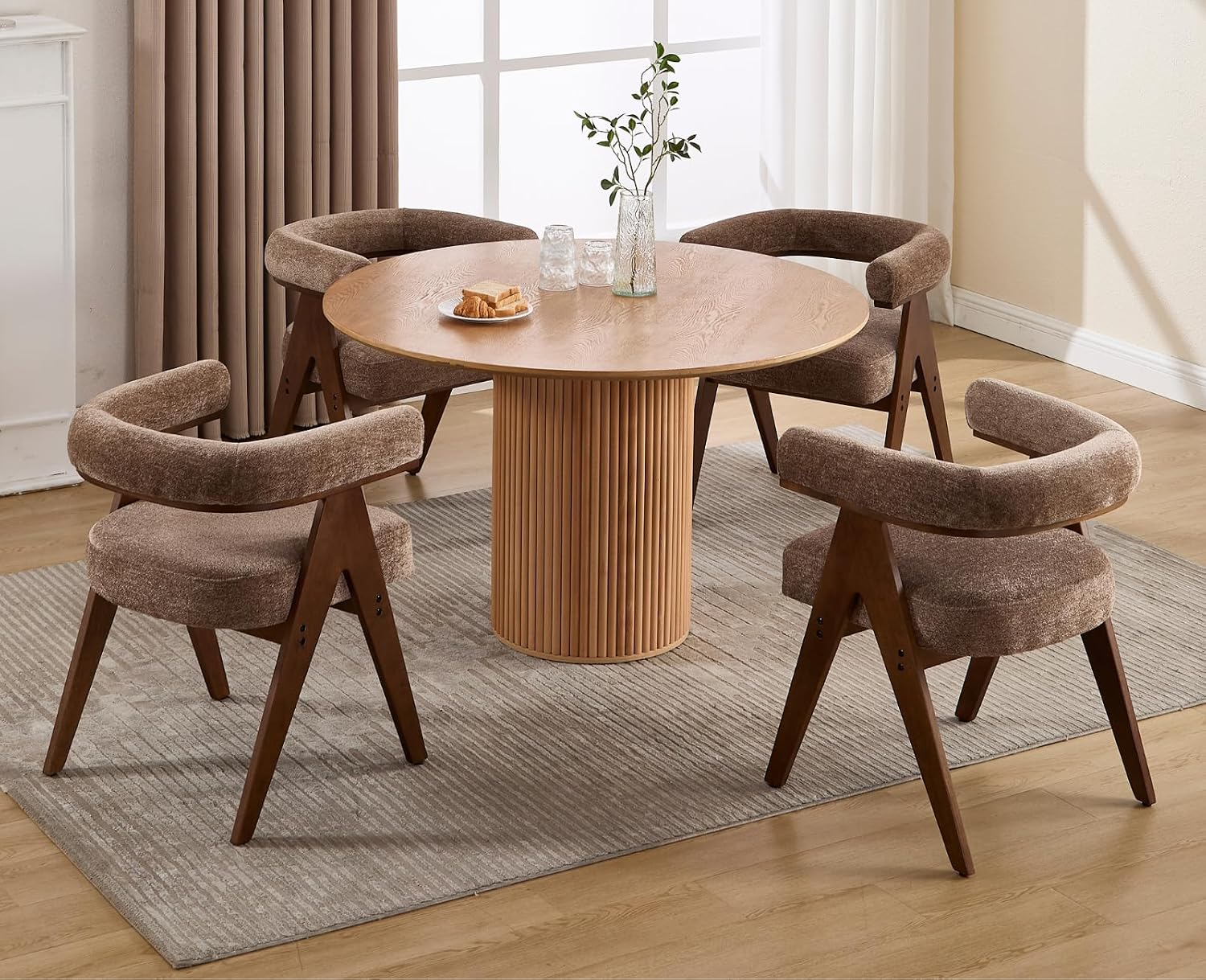 CIMOTA Barrel Wooden Dining Chairs with Arms Set of 2, Farmhouse Fabric Upholstered Kitchen Chairs with Walnut Wood Legs Contemporary Armchairs Accent Side Chairs for Dining Living Room,Chenille Khaki