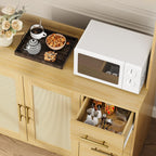 71" Tall Kitchen Pantry Cabinet, Freestanding Rattan Boho Hutch with Microwave Shelf, 3 Drawers & 6 Hooks for Kitchen, Living & Dining Room Storage-Natural