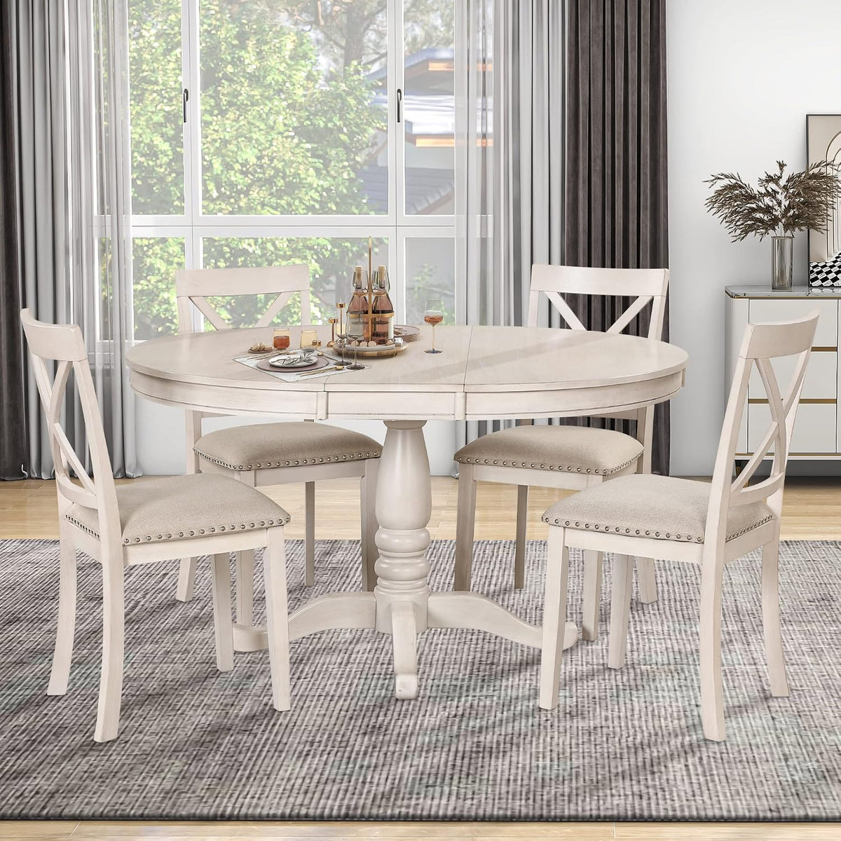 Harper & Bright Designs Modern Dining Table Set for 4,Round Table and 4 Kitchen Room Chairs,5 Piece Kitchen Table Set for Dining Room,Dinette,Breakfast Nook,Antique White