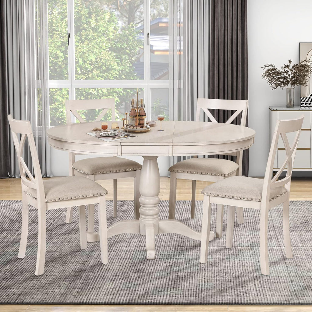 Extendable Dining Table Set for 4, 5 Piece Kitchen Table and Chairs Set, 4 X-Back Solid Wood Dining ChairSet, Industrial Oval Round Dining Table for Small Space, Apartment, French Country White