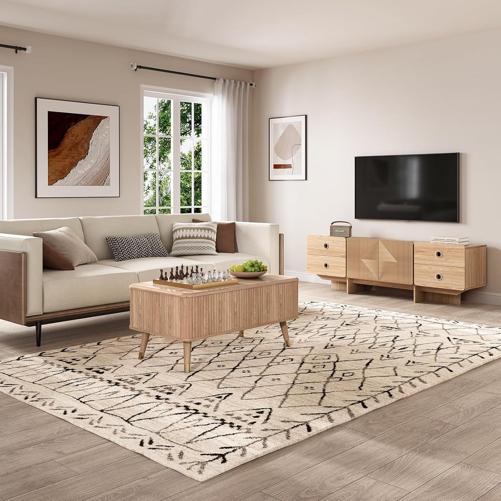 Lift Top Coffee Table with Storage, Mid Century Modern Coffee Table with Solid Wood Legs, 38" Minimalist Fluted Center Table for Living Room, Home Office, Natural Oak