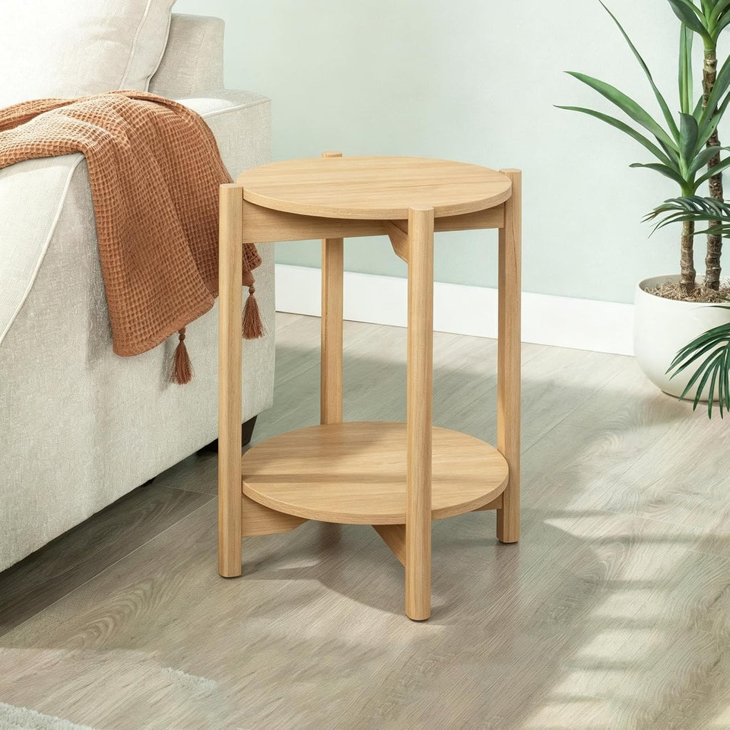 Round Two-Tier Accent End Table, Wood Composite Construction with All-Side Finished Surface and Open Storage Shelving