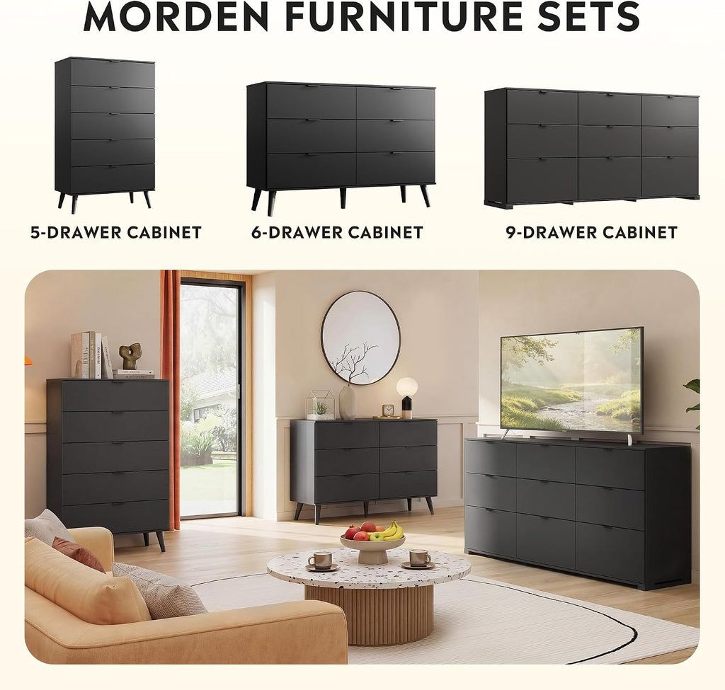 6-Drawer Moden TV Stand | Tall TV Console with Sturdy Metal Handles for Living Room，Black
