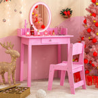 Costzon Kids Vanity, Girls Vanity Set with Mirror and Stool and Lights, Drawer, Jewelry Rack, 2 in 1 Wooden Princess Makeup Desk Dressing Table, Kids Vanity Table and Chair Set (Pink)