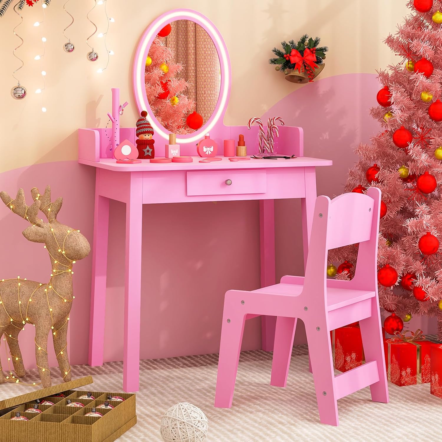 Costzon Kids Vanity, Girls Vanity Set with Mirror and Stool and Lights, Drawer, Jewelry Rack, 2 in 1 Wooden Princess Makeup Desk Dressing Table, Kids Vanity Table and Chair Set (Pink)