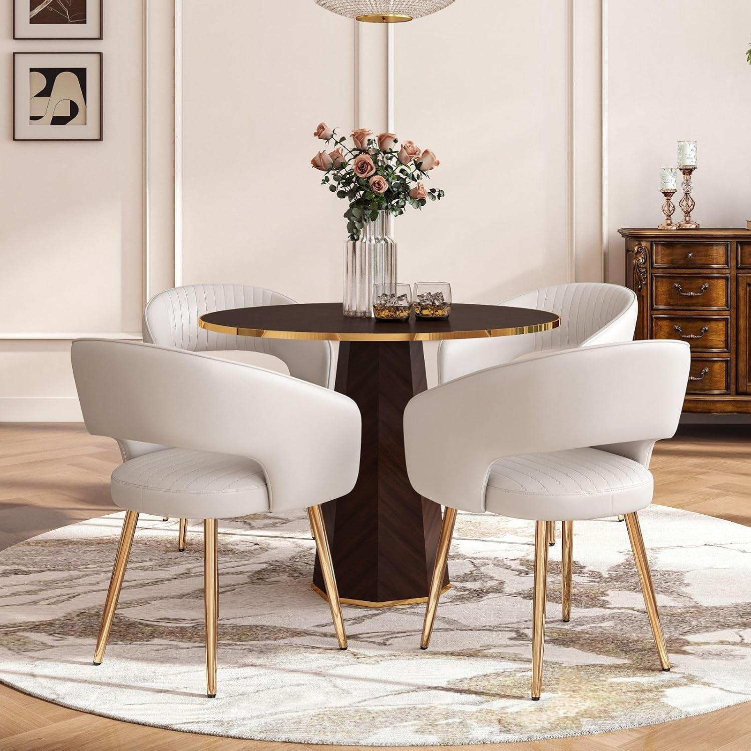 Hyfirm Set of 4 Cream Leather Dining Chairs, Modern Upholstered Kitchen Chairs Gold Metal Legs, Hollow Back, Accent Side Chair for Dining Room/Livingroom/Reception/Restaurant