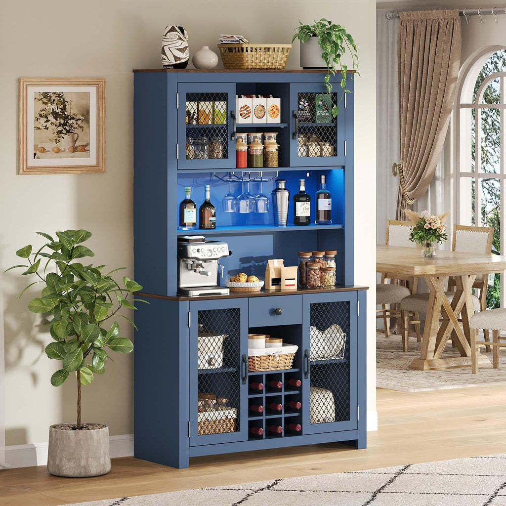 71” Kitchen Pantry with Microwave Shelf & Charging Station, LED Lighting Bar Hutch Cabinet with Storage Doors & Shelves, Glass Holders, Wine Rack, Wooden Structure (Navy Blue)