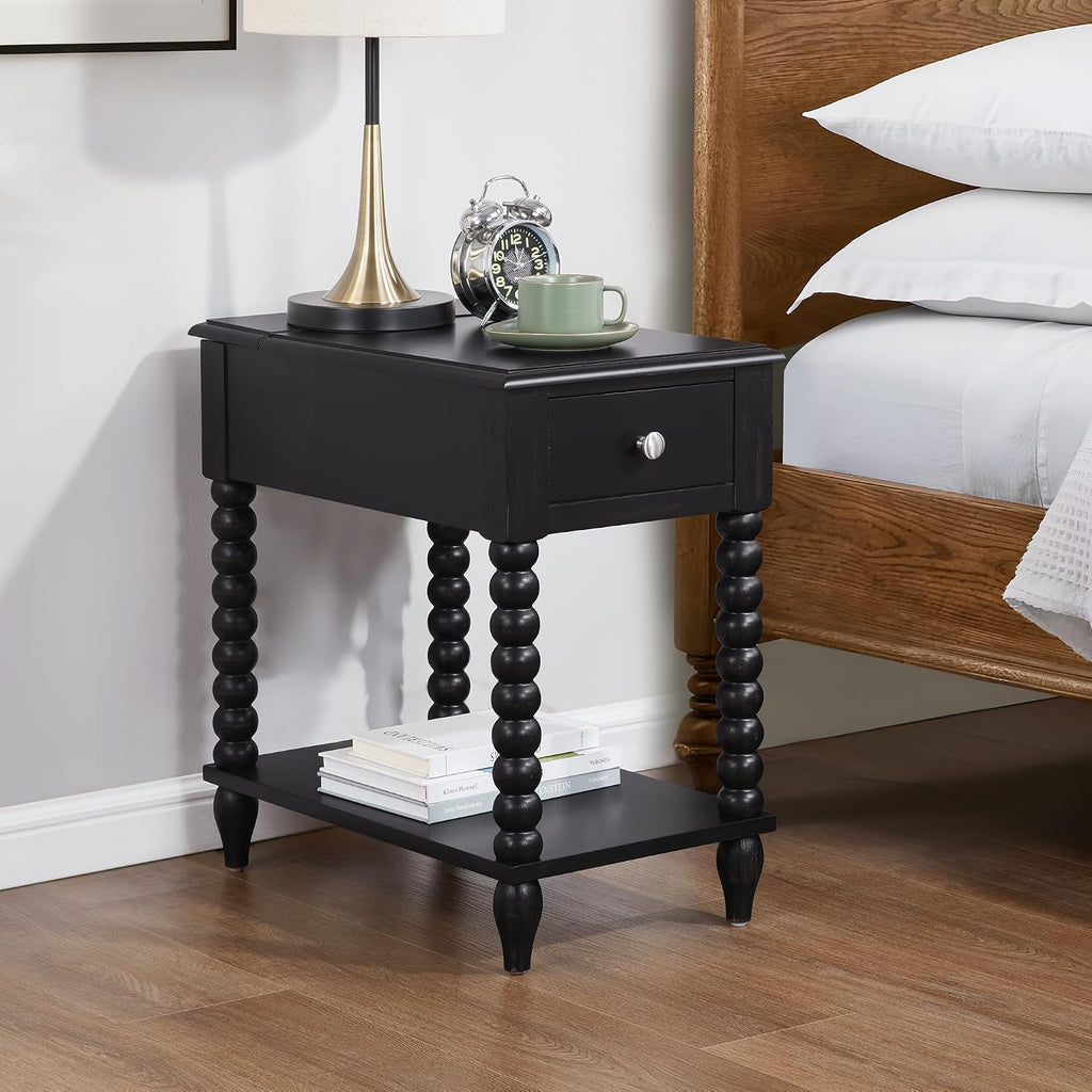 Solid Wood End Table with Charging Station & Drawer Shelf - Handcrafted Spindle Legs Accent Table for Living Room, Bedroom - Sturdy Multifunctional Nightstand, Farmhouse & Modern Décor (Easy Assembly)