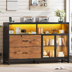 SEDETA 59" Filing Cabinet with Lock Drawers fits Legal Size for Home Office | Rustic Brown Lateral 2 Drawers File Cabinet with Acrylic Display Cabinet, Power Strip, Printer Stand with Storage Shelves
