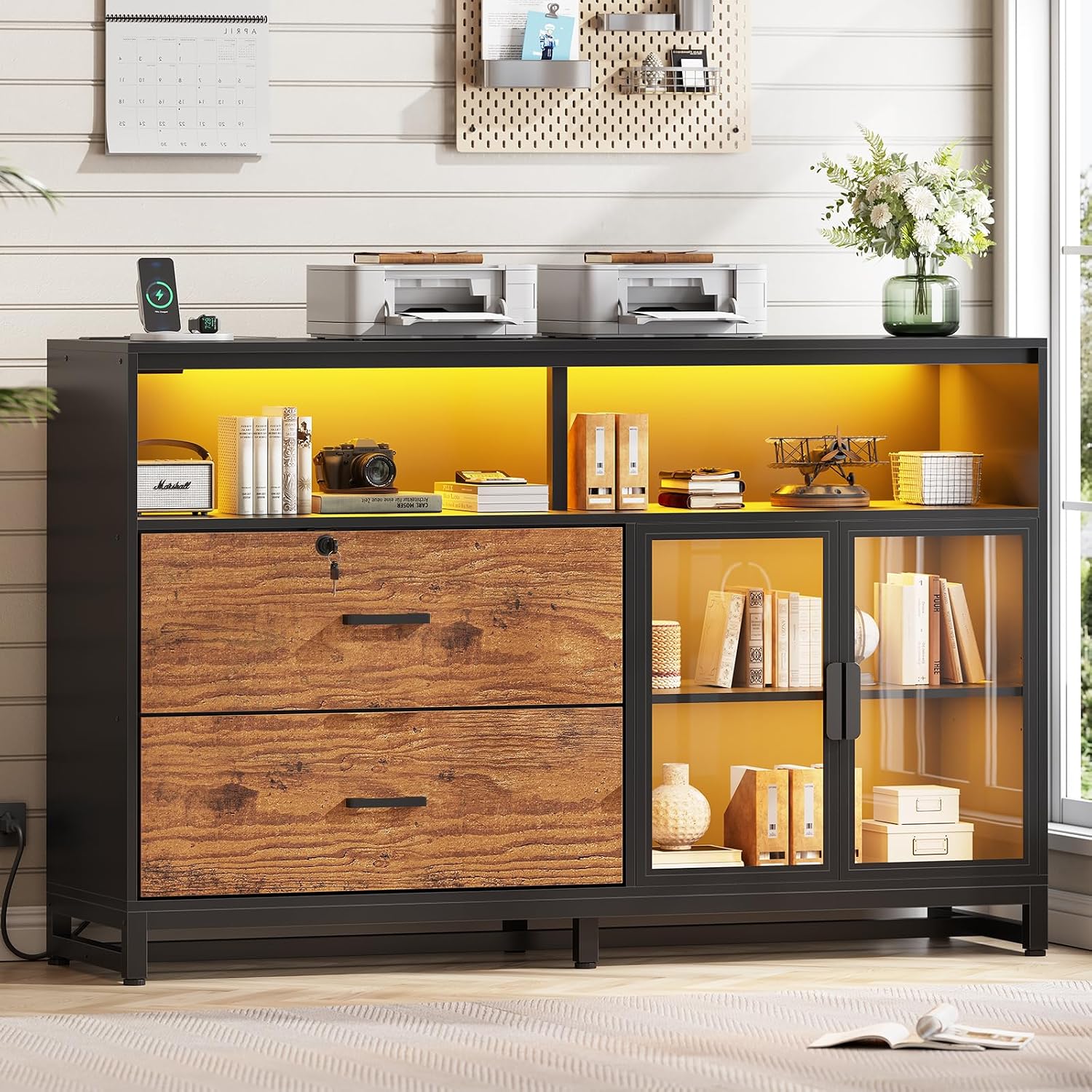 SEDETA 59" Filing Cabinet with Lock Drawers fits Legal Size for Home Office | Rustic Brown Lateral 2 Drawers File Cabinet with Acrylic Display Cabinet, Power Strip, Printer Stand with Storage Shelves