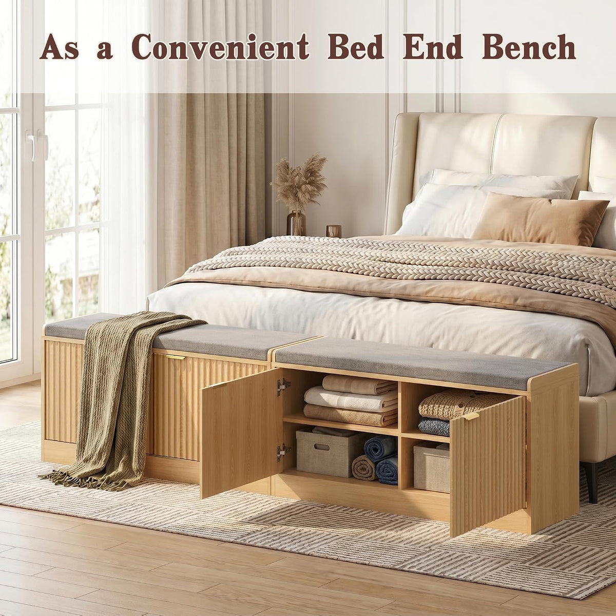 Fluted Shoe Storage Bench with Cushion, 2-Tier Entryway Shoe Bench with Adjustable Shelves, Hidden Shoe Cabinet Bench with 2 Doors for Hallway, Living Room, Bedroom End of Bed,Natural Oak