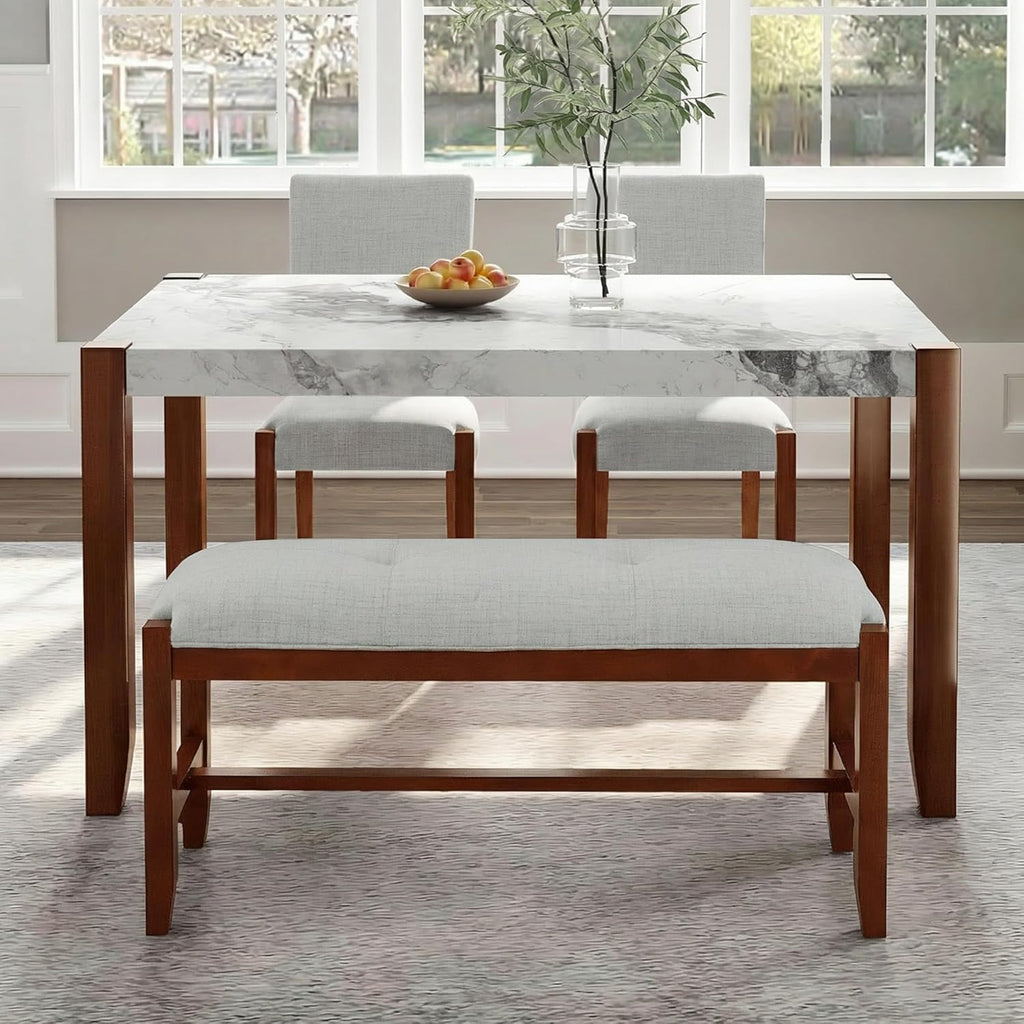 Merax 4 Piece Dining Table Set, Faux Marble Table and 2 Upholstered Chairs 1 Bench, 4 Person Dinette Set for Kitchen, Dining Room, Space-Saving, Beige