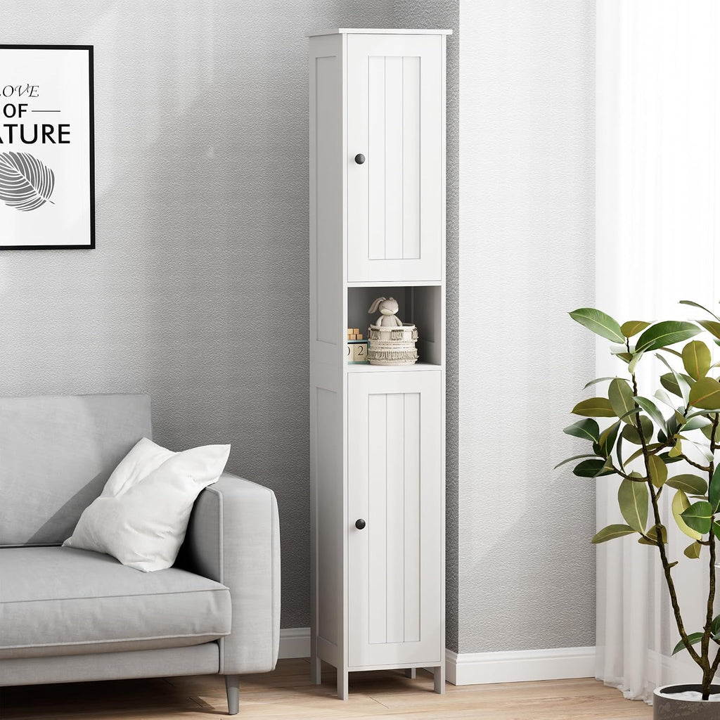 Homleke Tall Bathroom Storage Cabinet with 2 Doors, Slim Bathroom Cabinet | Narrow Storage Cabinet with Adjustable Shelves, Anti-Tip Design, Reversible Door, Easy Assembly, White, 11.8''W
