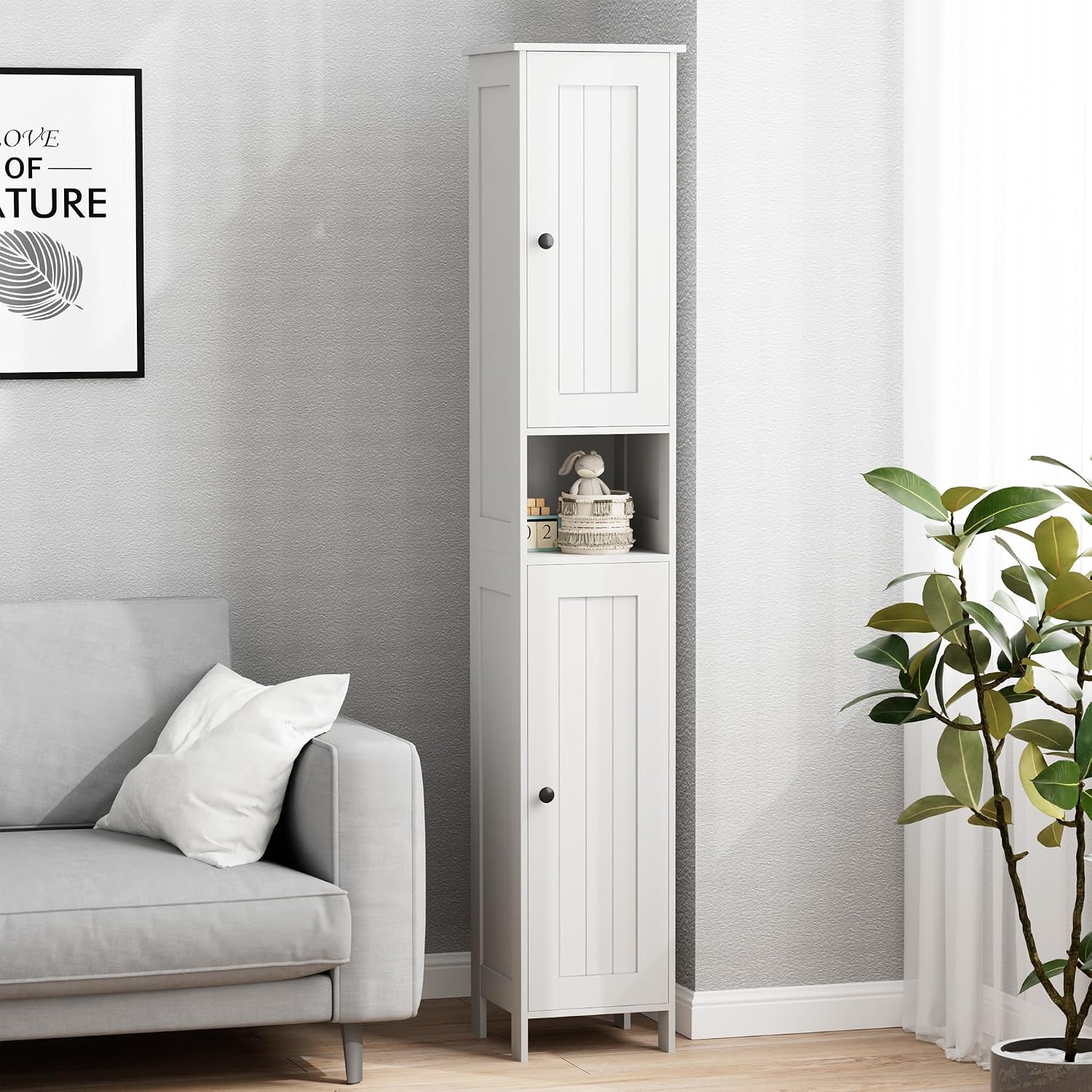 Homleke Tall Bathroom Storage Cabinet with 2 Doors, Slim Bathroom Cabinet | Narrow Storage Cabinet with Adjustable Shelves, Anti-Tip Design, Reversible Door, Easy Assembly, White, 11.8''W