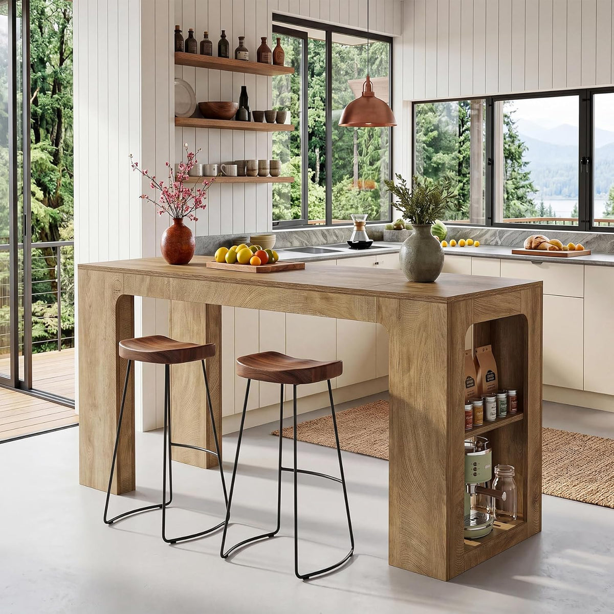 Tribesigns 63'' Long Kitchen Island with Storage, Wooden Counter Height Stationary Island Stand with 2 Shelves and Spacious Legroom, High Top Table for Kitchens, Brown, 2PCS