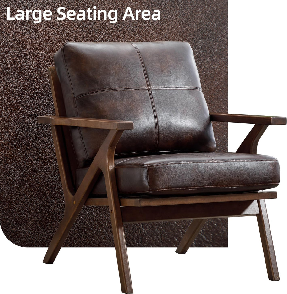 INZOY Mid-Century Modern Accent Chair with Wood Frame Set of 2, PU Leather Living Room Chair and Soft Thick Padded Armchair for Living Room Bedroom Reception with Removable Upholstered Cushions, Brown