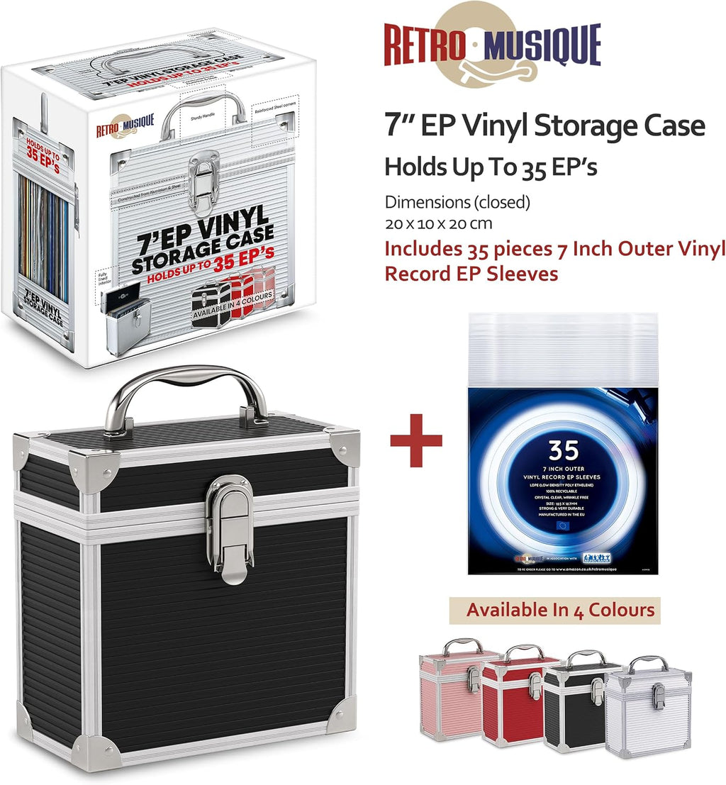 Aluminium 7" Vinyl Record EP Storage Case Holds up to 35 EPs (in PVC Sleeves) includes 35 Vinyl Record Outer Sleeves, Black, Retro Chic