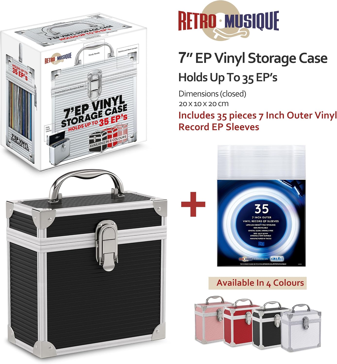 Aluminium 7" Vinyl Record EP Storage Case Holds up to 35 EPs (in PVC Sleeves) includes 35 Vinyl Record Outer Sleeves, Black, Retro Chic