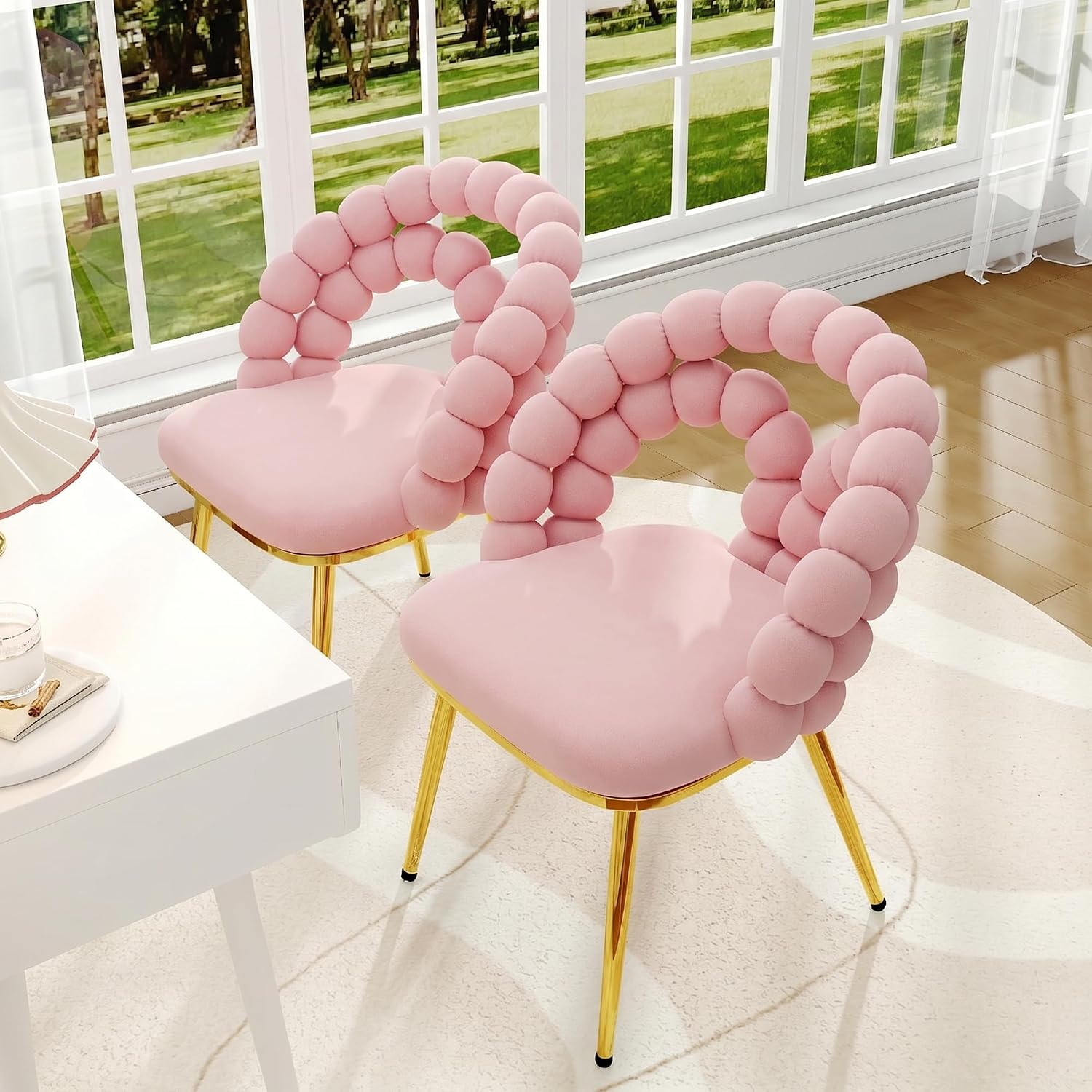 TesNus Velvet Dining Chairs Set of 2, Pink Upholstered Velvet Chairs with Gold Metal Legs, Modern Armchairs with Curved Backrest for Dining Room, Living Room, or Makeup Vanity