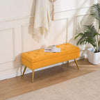 40" Mustard Yellow Velvet Storage Bench with Gold Legs Nailhead Trim | Tufted Ottoman, End of Bed Bench, Upholstered, For Bedroom/Living Room/Window/Entryway/Dining Bench, Modern, Rectangle
