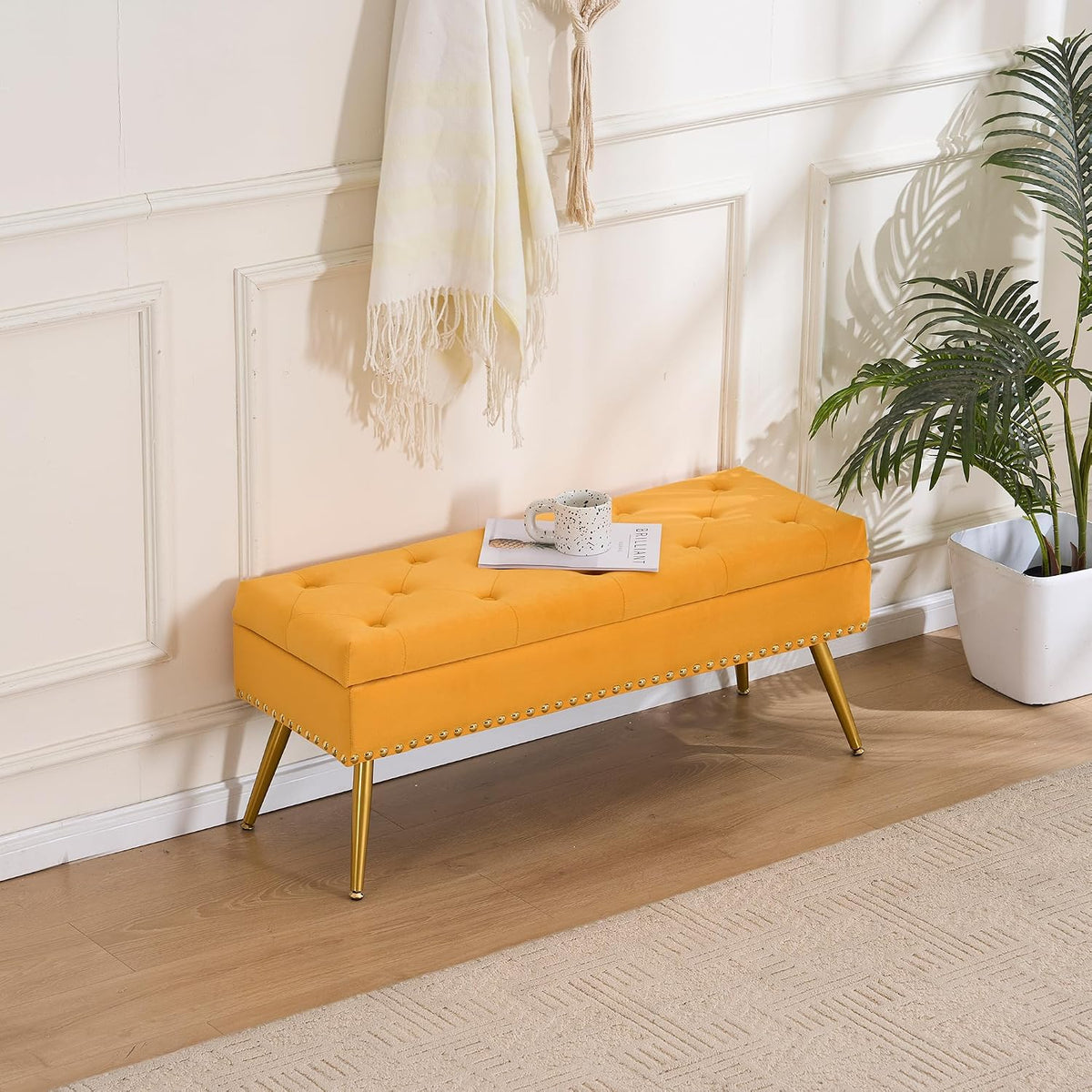 40" Mustard Yellow Velvet Storage Bench with Gold Legs Nailhead Trim | Tufted Ottoman, End of Bed Bench, Upholstered, For Bedroom/Living Room/Window/Entryway/Dining Bench, Modern, Rectangle