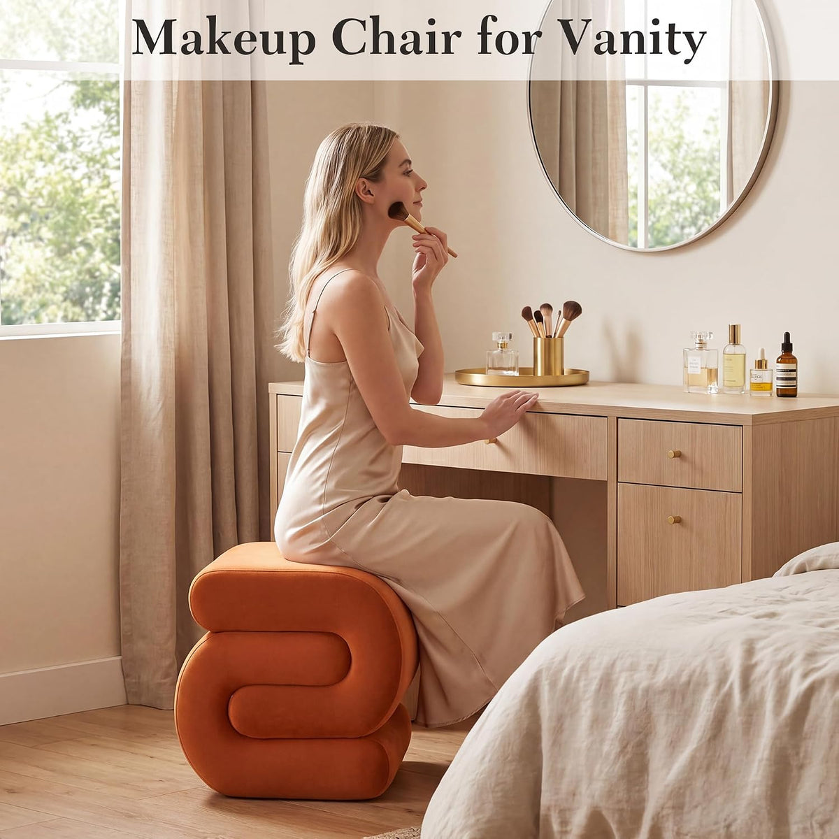 FOXHUNTER S Shape Modern Pouf Ottoman Vanity Stool, Velvet Orange | Footstool with Sponge Filling, No Assembly Required, Soft Shoe Stool, for Makeup Room Living Room Bedroom Entrance