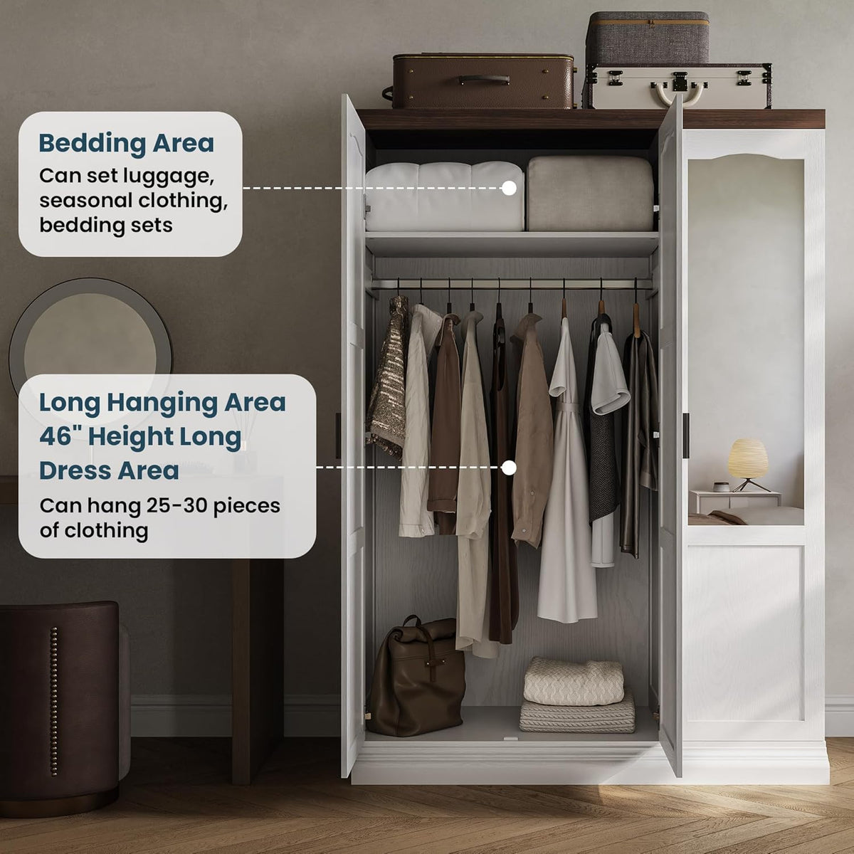 ANCTOR 3 Door Armoire Wardrobe Closet with Mirror, Large Wardrobe Closet with Doors, White Armoire for Bedroom with Hanging Rods & Shelves for Long Clothing, Short Clothing and Stacking, Modern