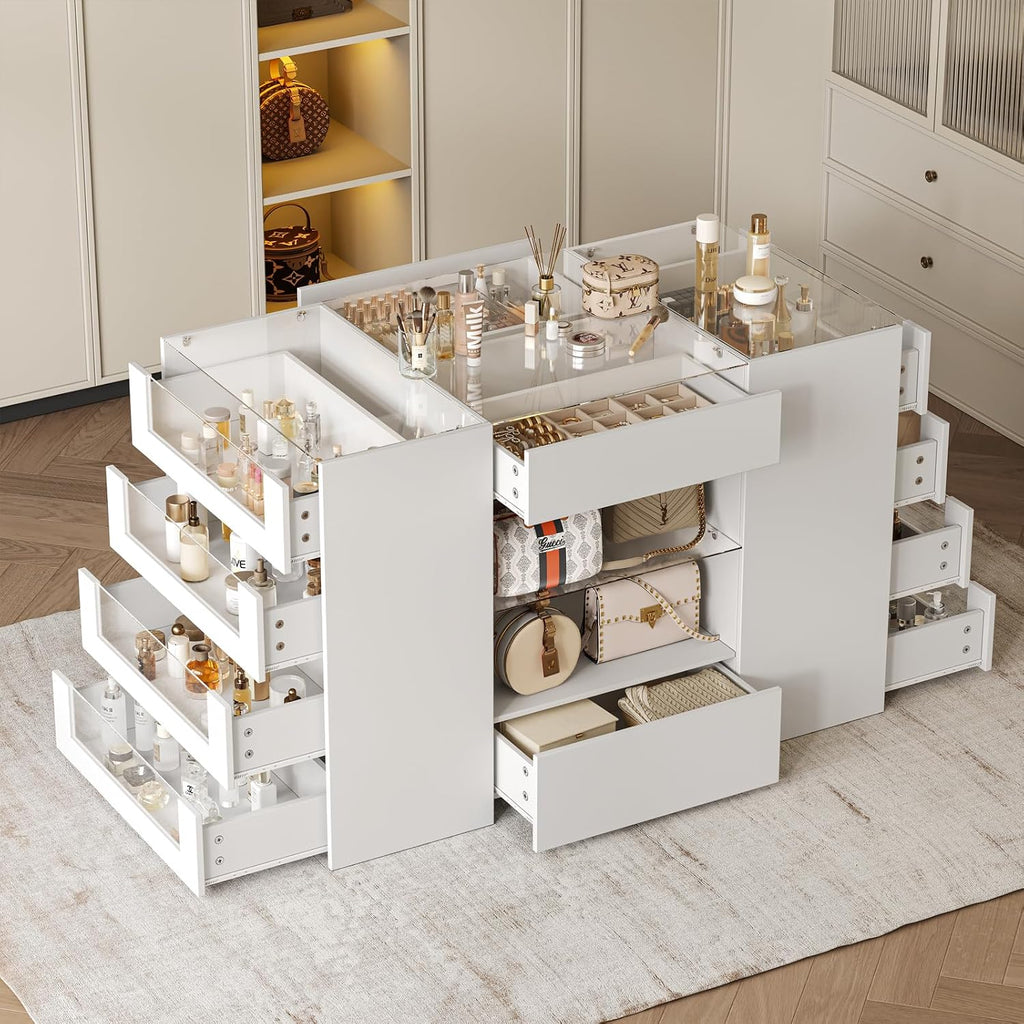 LIVAUVEAD Closet Island with 12 Drawers, Glass Top & Display Shelves, White | Wardrobe Armoire Bedroom Island, White Dresser with Glass Display Shelf, Walk-in Closet Island for Bedroom, Cloakroom