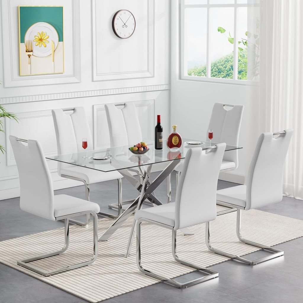 Henf 7 Piece Glass Dining Table Set for 6, 61" Modern Silver Kitchen Table and Chairs for 6, Rectangle Dining Room Table Set with 6 White Faux Leather Chairs for Small Space,Home, Apartment
