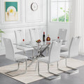 Henf 7 Piece Glass Dining Table Set for 6, 61" Modern Silver Kitchen Table and Chairs for 6, Rectangle Dining Room Table Set with 6 White Faux Leather Chairs for Small Space,Home, Apartment