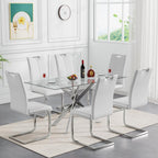 Henf 7 Piece Glass Dining Table Set for 6, 61" Modern Silver Kitchen Table and Chairs for 6, Rectangle Dining Room Table Set with 6 White Faux Leather Chairs for Small Space,Home, Apartment