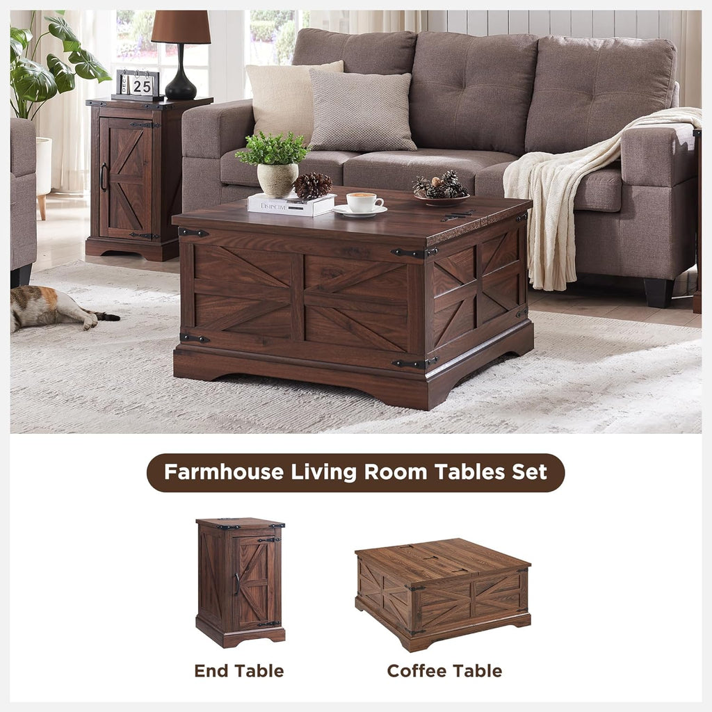 JXQTLINGMU 3-Piece Farmhouse Coffee Table and End Table Sets, Includeds 36" Lift Top Square Coffee Table w/Storage & 2 Rustic Wood End Tables w/Charging Station & Barn Doors for Living Room, Brown