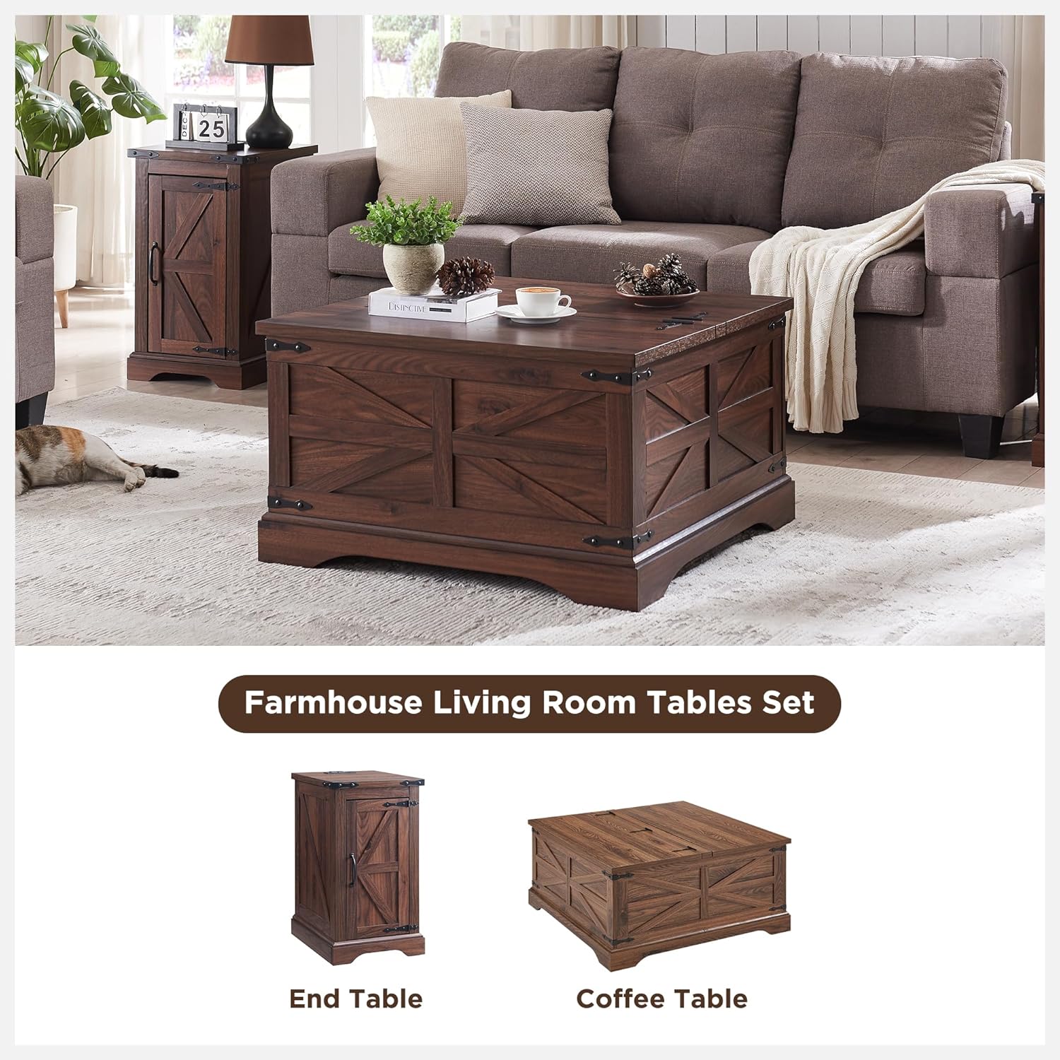 JXQTLINGMU 3-Piece Farmhouse Coffee Table and End Table Sets, Includeds 36" Lift Top Square Coffee Table w/Storage & 2 Rustic Wood End Tables w/Charging Station & Barn Doors for Living Room, Brown