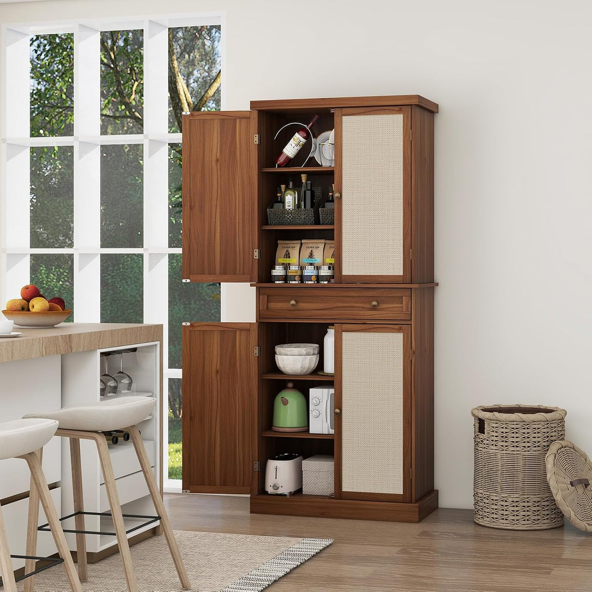 72" Kitchen Pantry Cabinet with Rattan Doors, Tall Pantry Storage Cabinet with 4 Adjustable Shelves & Large Central Drawer, Boho Cupboard for Kitchen, Dining Room, Living Room, Walnut