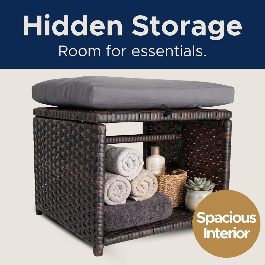Outdoor Storage Ottoman (Set of 2) - All-Weather Wicker Patio Footstool with Washable Cushions - Sturdy Rattan Foot Rest & Hidden Box for Deck, Porch, Backyard & Balcony