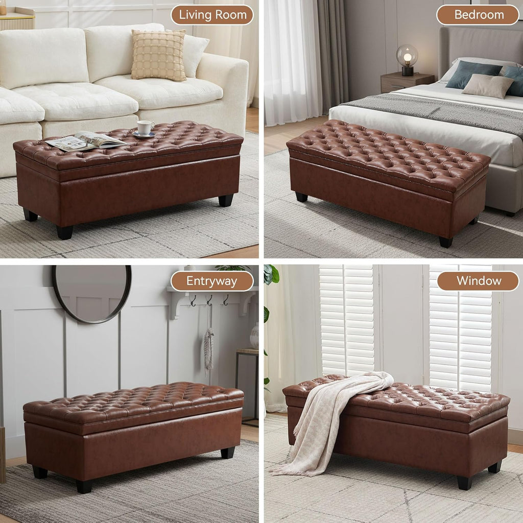 WUTUTUEE 50" Faux Leather Storage Ottoman Bench, Upholstered Rectangle End of Bed Storage Ottoman Tufted Living Room Bedroom Bench with Safety Hinge, Solid Wood Legs, Loads 500 lb(Brown)