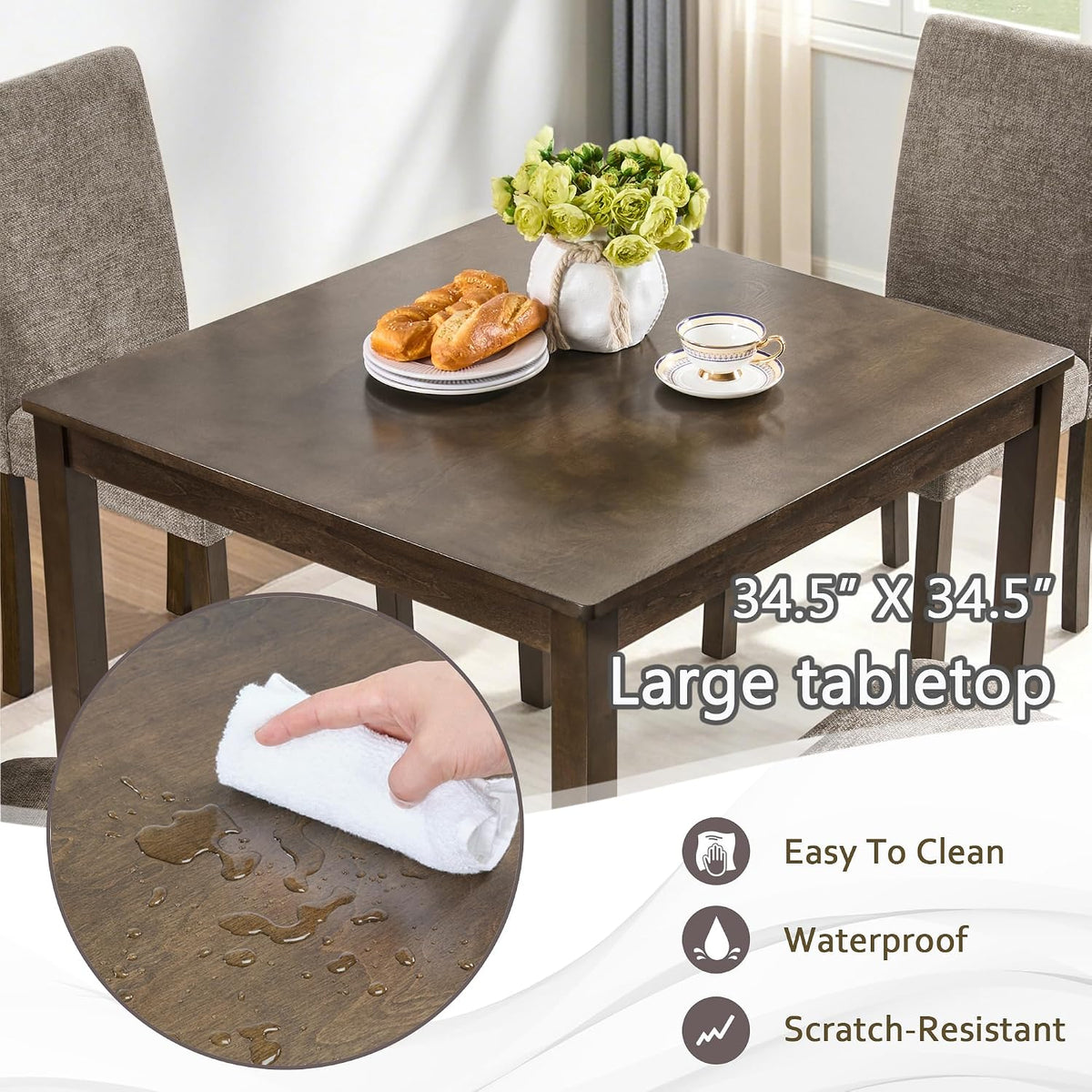 Harper & Bright Designs 5-Piece Dining Table Set with 4 Chairs, 34.5" Square Farmhouse Kitchen Table for Small Spaces, Rustic Walnut Wooden Dining Set for 4 People, Apartment & Dining Room