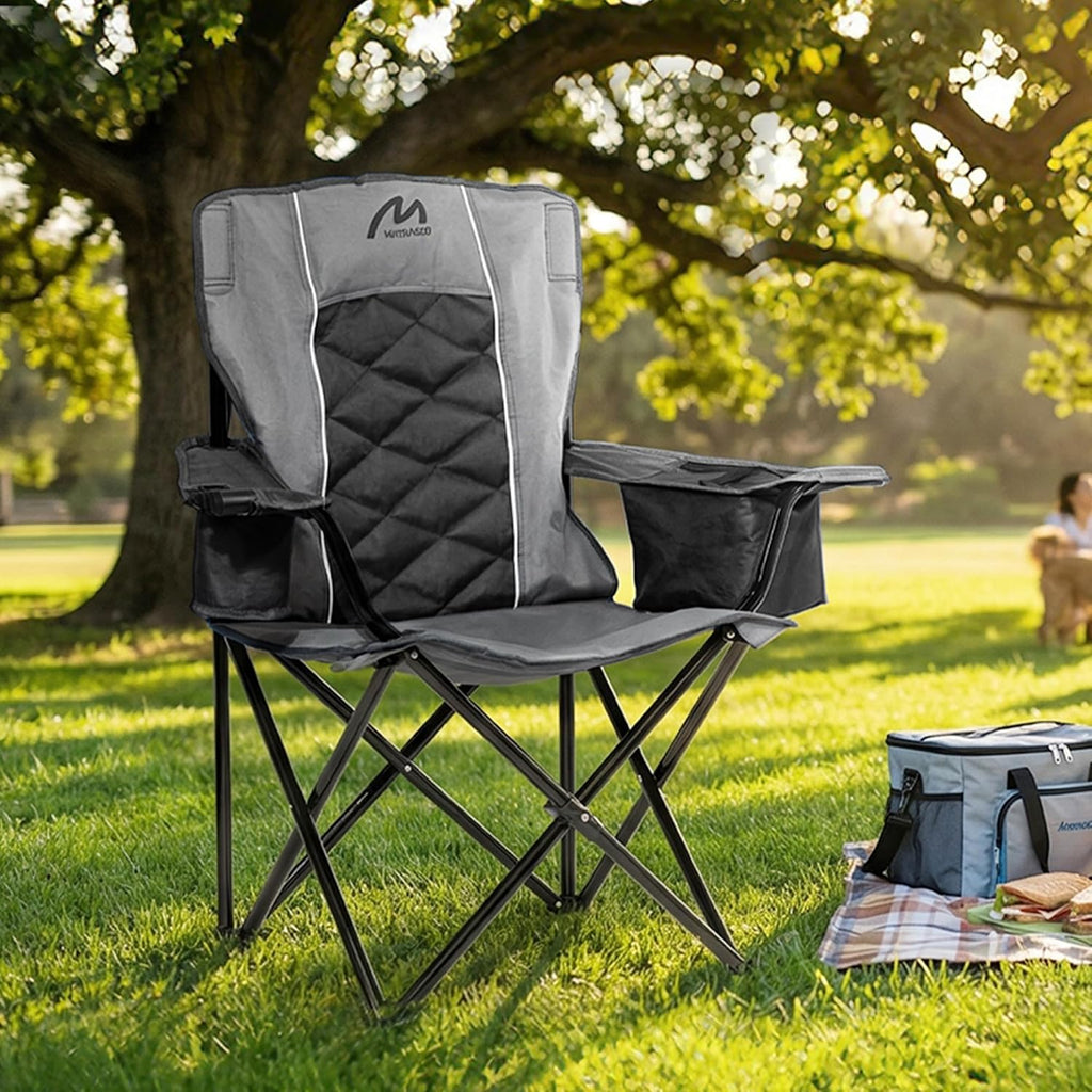 Oversized Padded Camping Chair, Heavy Duty Steel Frame, 450 lb Capacity, Folding Camp Chair with 6-Can Cooler, Carry Bag for Outdoor Camping, Beach, Hiking(Gray & Black)