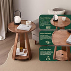 100% Solid Wood Round End Table, 2-Tier Side Table with Anti-Drop Tray Top, Sturdy Accent Nightstand for Living Room, Bedroom & Small Spaces, Space Saving Home Decor
