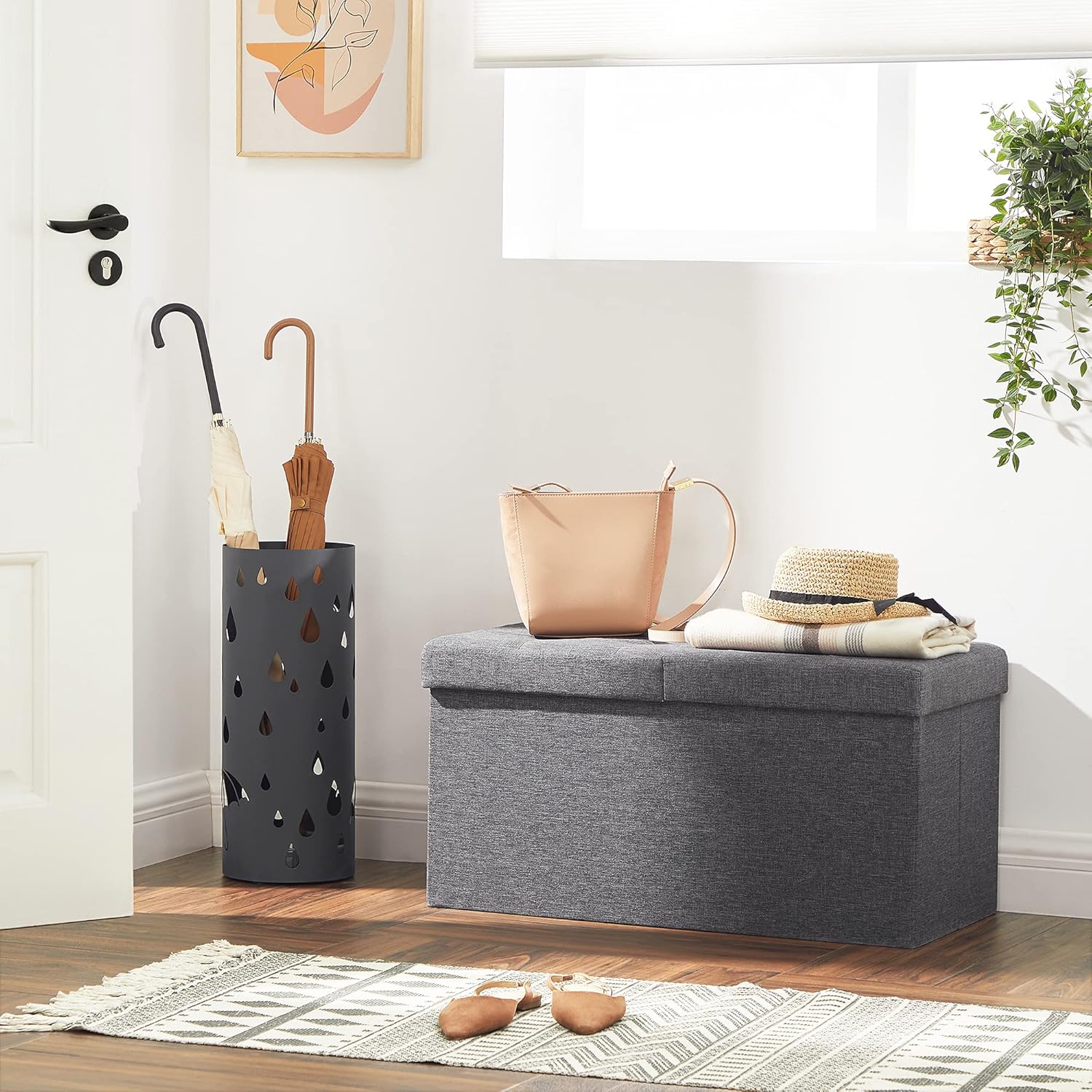 SONGMICS MAZIE Collection - 30 Inches Storage Ottoman, Foldable Storage Bench with Flipping Lid, 660 lb Load Capacity, for Entryway, Living Room, Bedroom, Dark Gray ULSF46GYZ