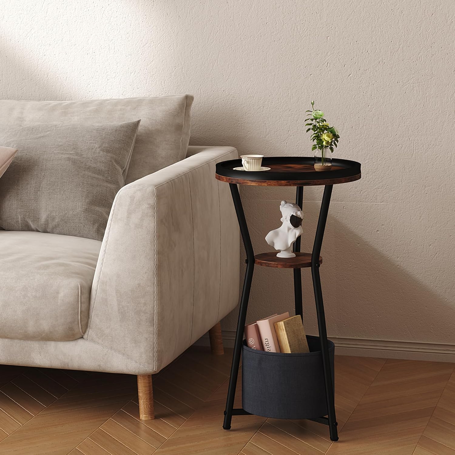Yusong Round Side Table, Small Drink Table for Small Spaces, 3-Tier Industrial End Table, Accent Nightstand Bedside Table for Living Room, Bedroom, Sofa Couch, Rustic Brown