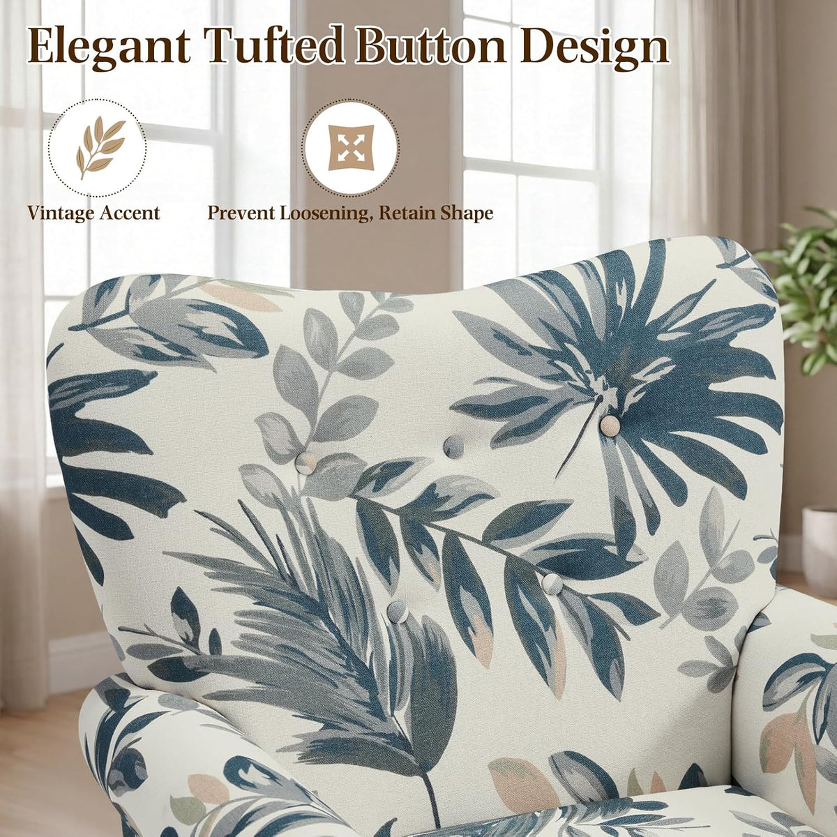 YOLENY Modern Accent Chair,High Back Armchair,Upholstered Fabric Button Single Sofa with Wooden Legs for Living Room,Bedroom,Blue Leaves