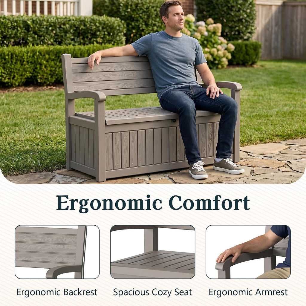 Outdoor Bench with Storage, Waterproof Garden Storage Bench, 100 Gallon Lockable Resin Deck Box, Weatherproof Bench Seating for Patio Yard Cushions Tools, Grey